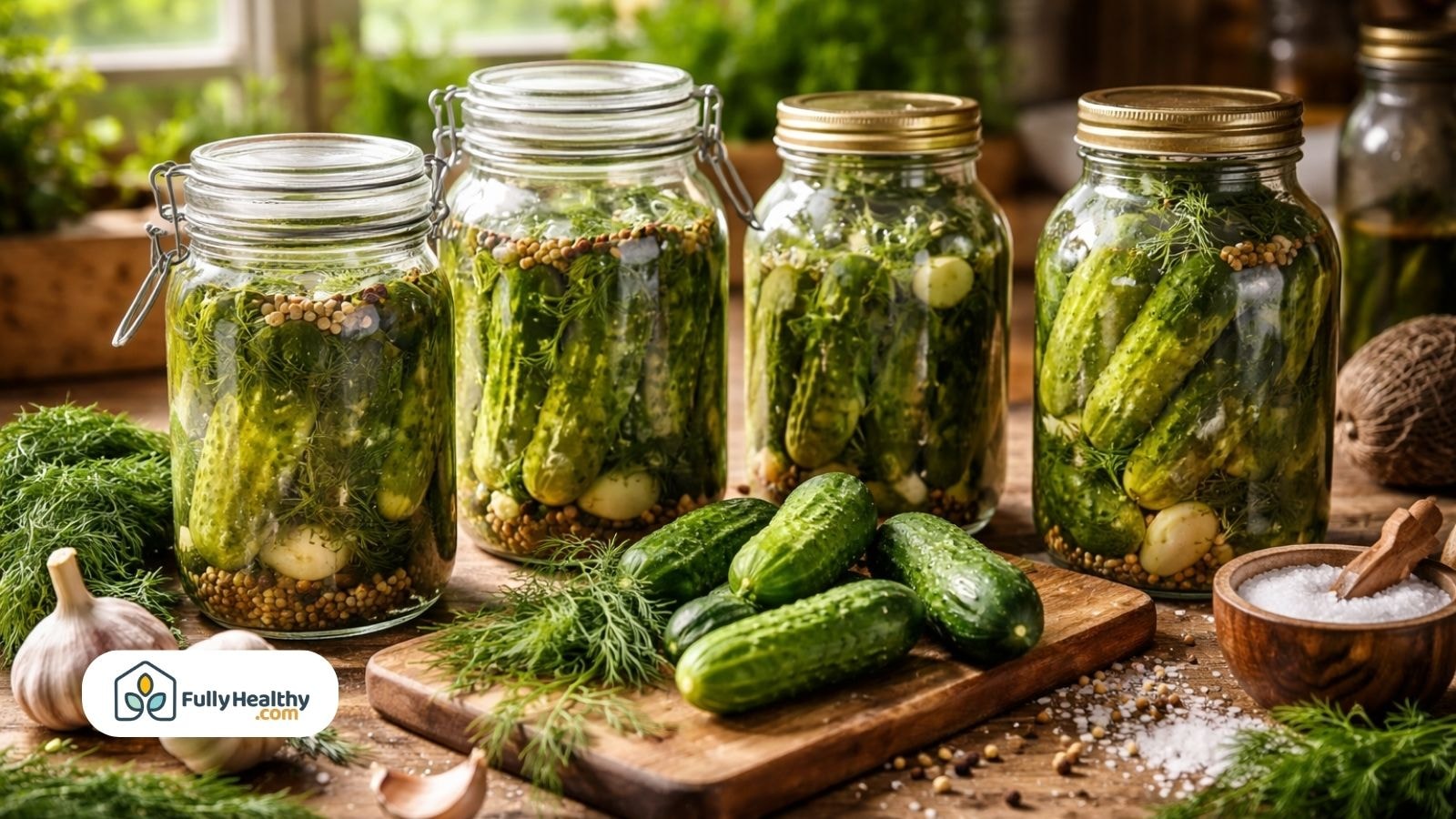 Jars of fermented cucumbers in brine with garlic dill and spices