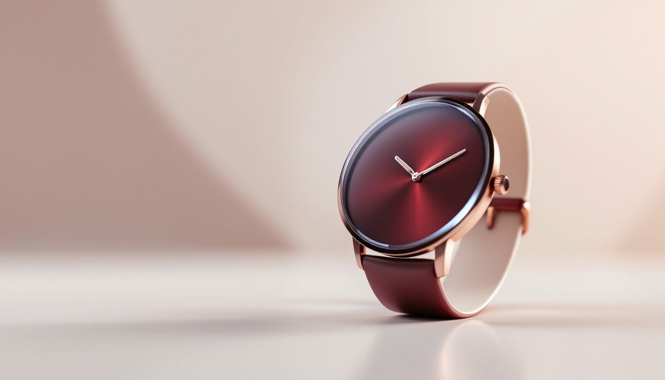 A beautiful burgundy red watch against a blurred background.