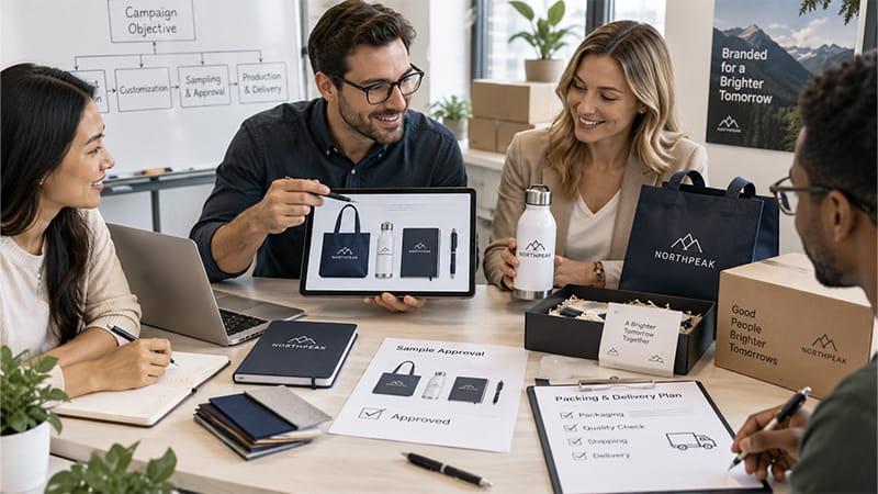 Promotional marketing team reviewing branded merchandise samples, artwork approval, packaging and delivery plans