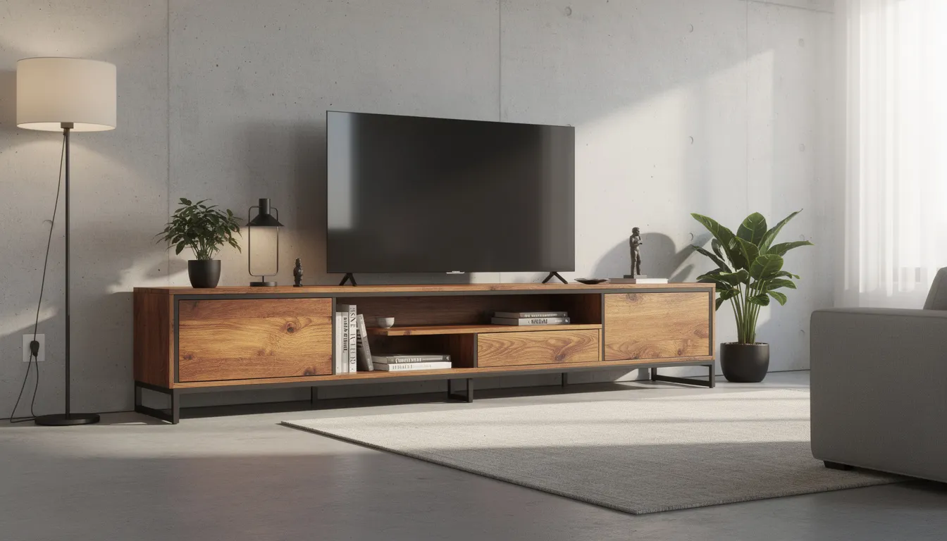 TV meubel robuust hout: stoere blikvanger voor jouw woonkamer Een industrieel tv-meubel van mangohout met een zwart stalen frame staat in een woonkamer met een betonlook vloer, wat bijdraagt aan de robuuste uitstraling van het interieur. Dit stijlvolle tv-meubel biedt open vakken en lades voor opbergruimte, waardoor het een praktische en unieke toevoeging is aan de woonruimte.