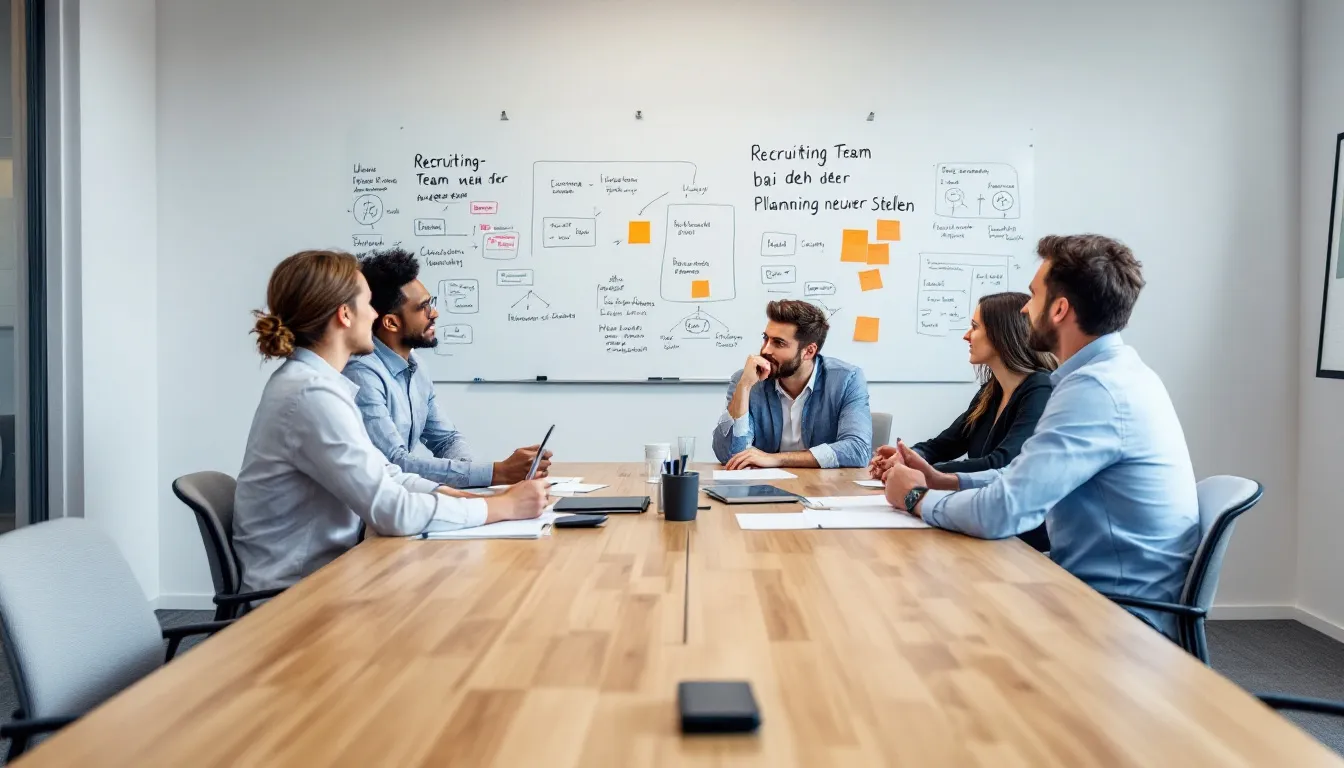 In einem modernen Büro plant ein Recruiting-Team Strategien zur Personalbeschaffung, um offene Stellen effizient zu besetzen. Die Teammitglieder diskutieren über den Recruiting-Prozess und die Nutzung von sozialen Netzwerken, um Talente anzusprechen und die Arbeitgebermarke zu stärken.