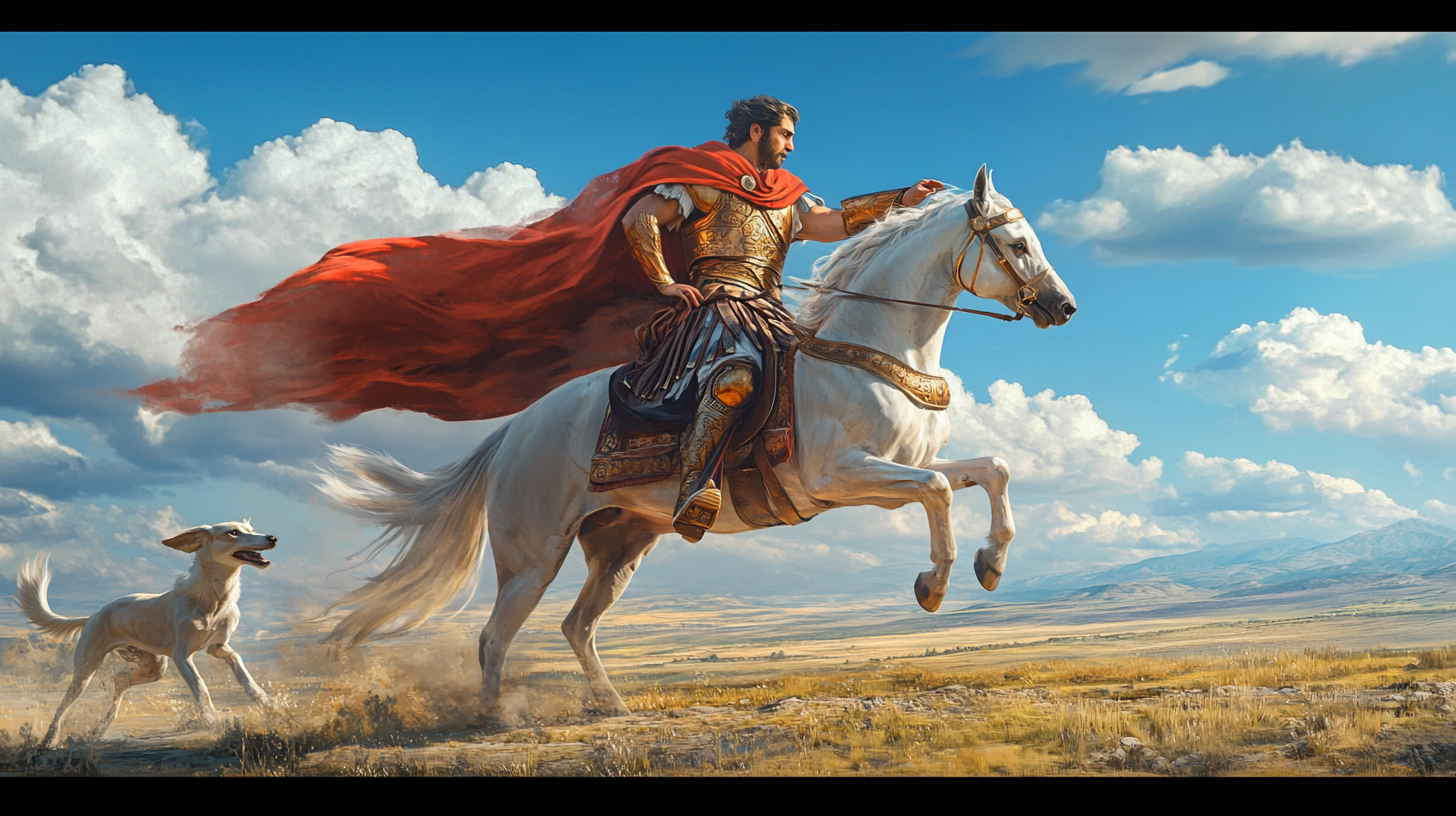 An AI image of a Saluki running alongside Alexander the Great
