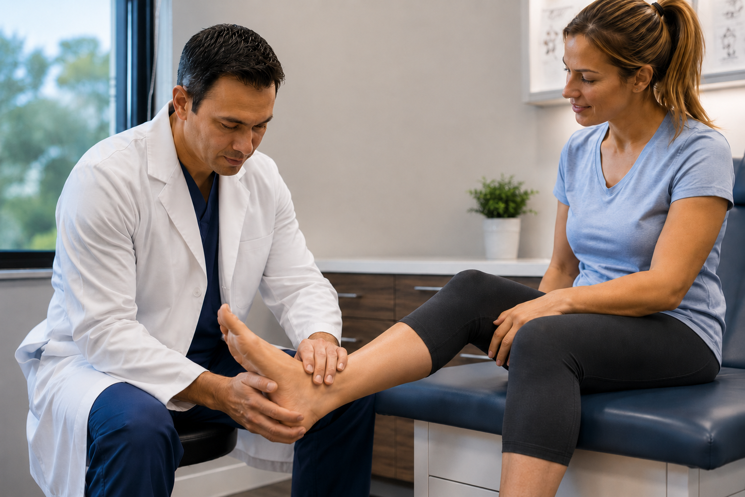 Foot and ankle doctor examining a patient’s foot during a consultation in a modern podiatry clinic
