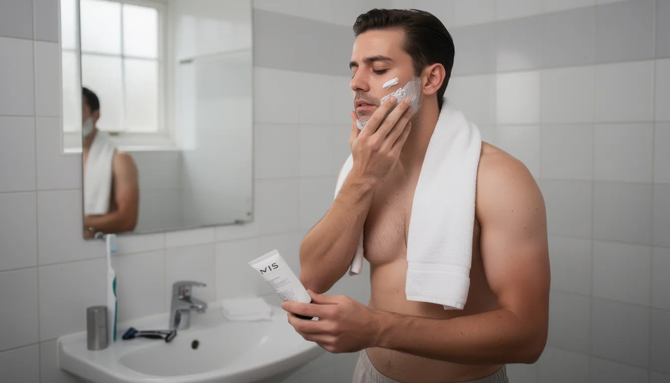 A man is applying a nourishing face cream in a simple bathroom after shaving, focusing on his skincare ritual to soothe irritation and hydrate his skin. The cream, rich in natural ingredients like grass-fed beef tallow and essential oils, helps regulate sebum production and provides long-lasting moisture for various skin types.