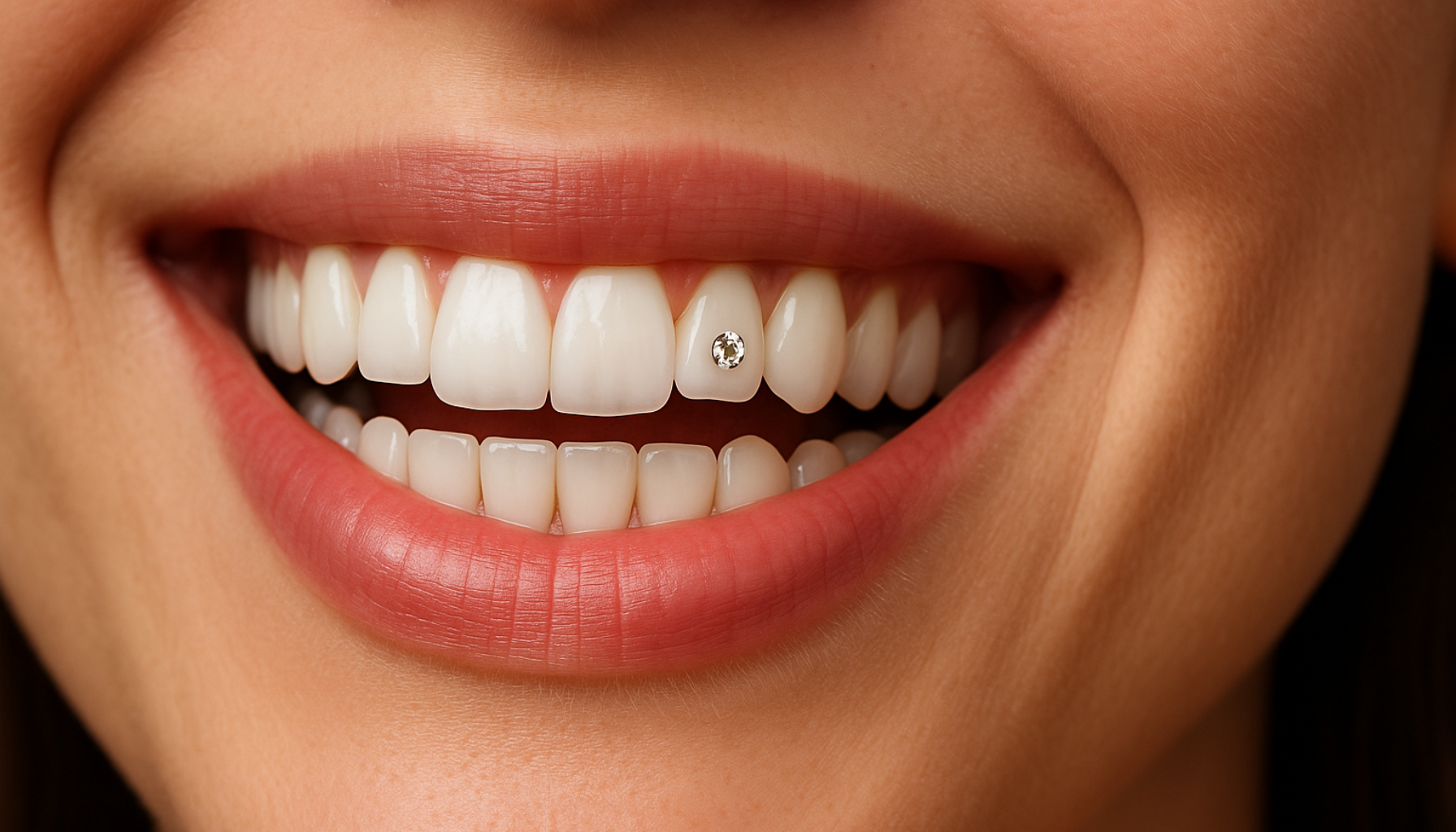 Tannsmykke: En liten detalj som gir stort smil 17 "Nærbilde av smil med hvite tenner og et lite tannsmykke som glitrer på fortannen."