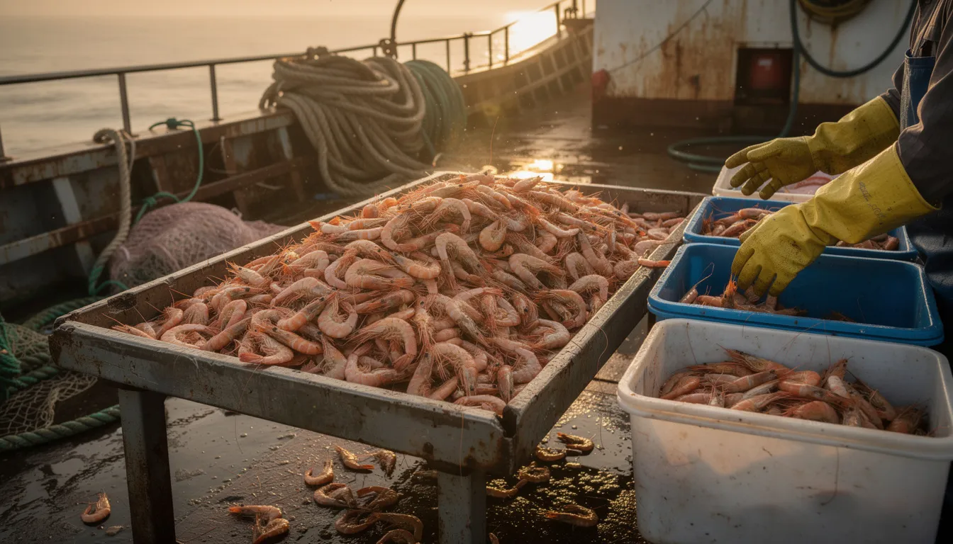 Fresh Gulf shrimp are being meticulously sorted on the deck of a fishing boat, showcasing the local seafood that is often featured in the best seafood restaurants in Mexico Beach, Florida. This vibrant scene highlights the connection between the fishing community and delicious food options like fish tacos and fresh seafood dishes enjoyed by diners at nearby restaurants.