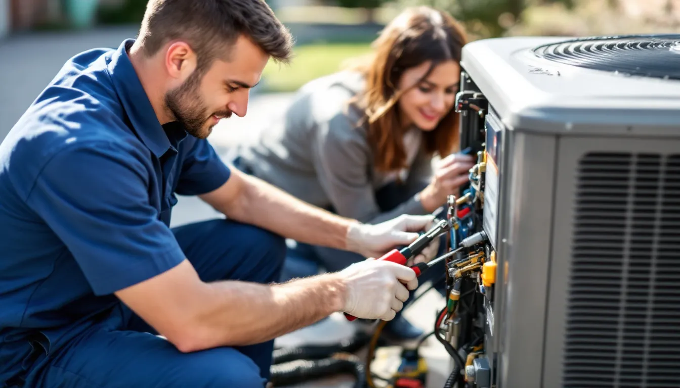 A professional HVAC technician is performing maintenance on an outdoor air conditioning unit, ensuring it operates efficiently to meet the cooling needs of the home. The technician is focused on enhancing the system's energy efficiency and overall comfort for the homeowner.