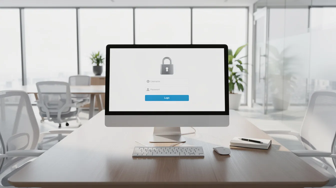 The image depicts a modern office workspace featuring a computer displaying a login screen with a security lock icon, symbolizing the importance of trade secret protection and confidentiality agreements in safeguarding valuable business information. This represents the critical measures businesses take to defend against trade secret misappropriation and ensure compliance with trade secret law.