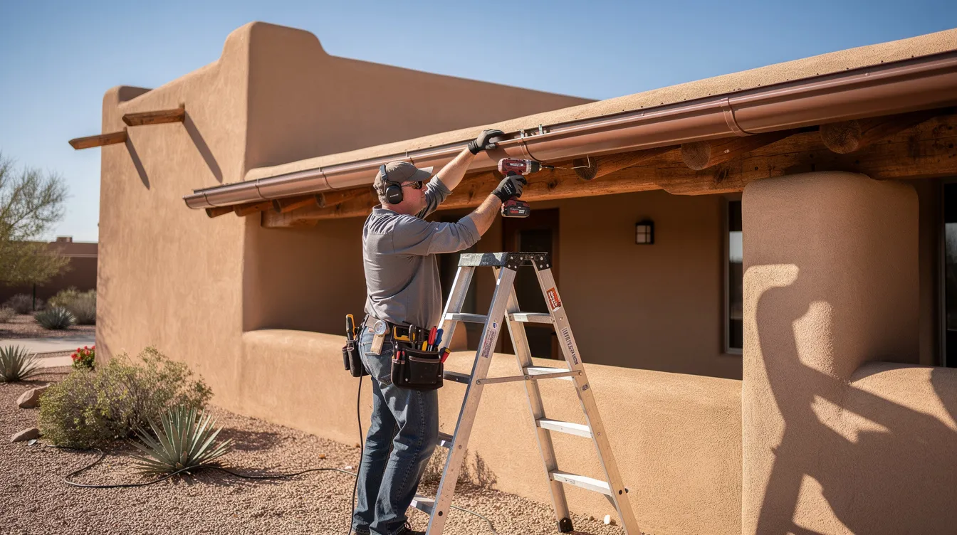 A technician is carefully installing seamless metal gutters on a Pueblo-style home, ensuring a well-functioning gutter system that will protect the property from water damage. This professional gutter installation showcases the use of quality materials, highlighting the importance of efficient gutter installation for long-lasting protection.