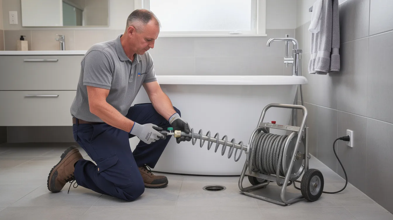 The image shows a professional plumber in a residential bathroom, actively using a motorized drain snake to address a clogged drain issue. This plumbing service highlights the plumber's expertise in handling plumbing emergencies and ensuring the home's plumbing system functions properly.