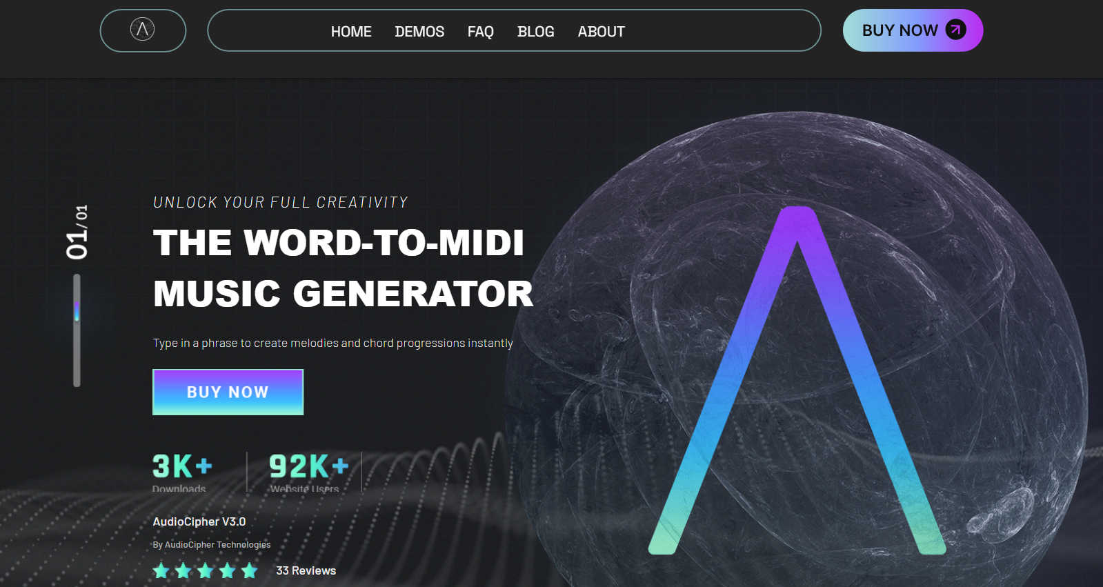 The heading reads "The word-to-MIDI music generator" and boasts beneath that the have over 3000 downloads and over 92,000 website users.