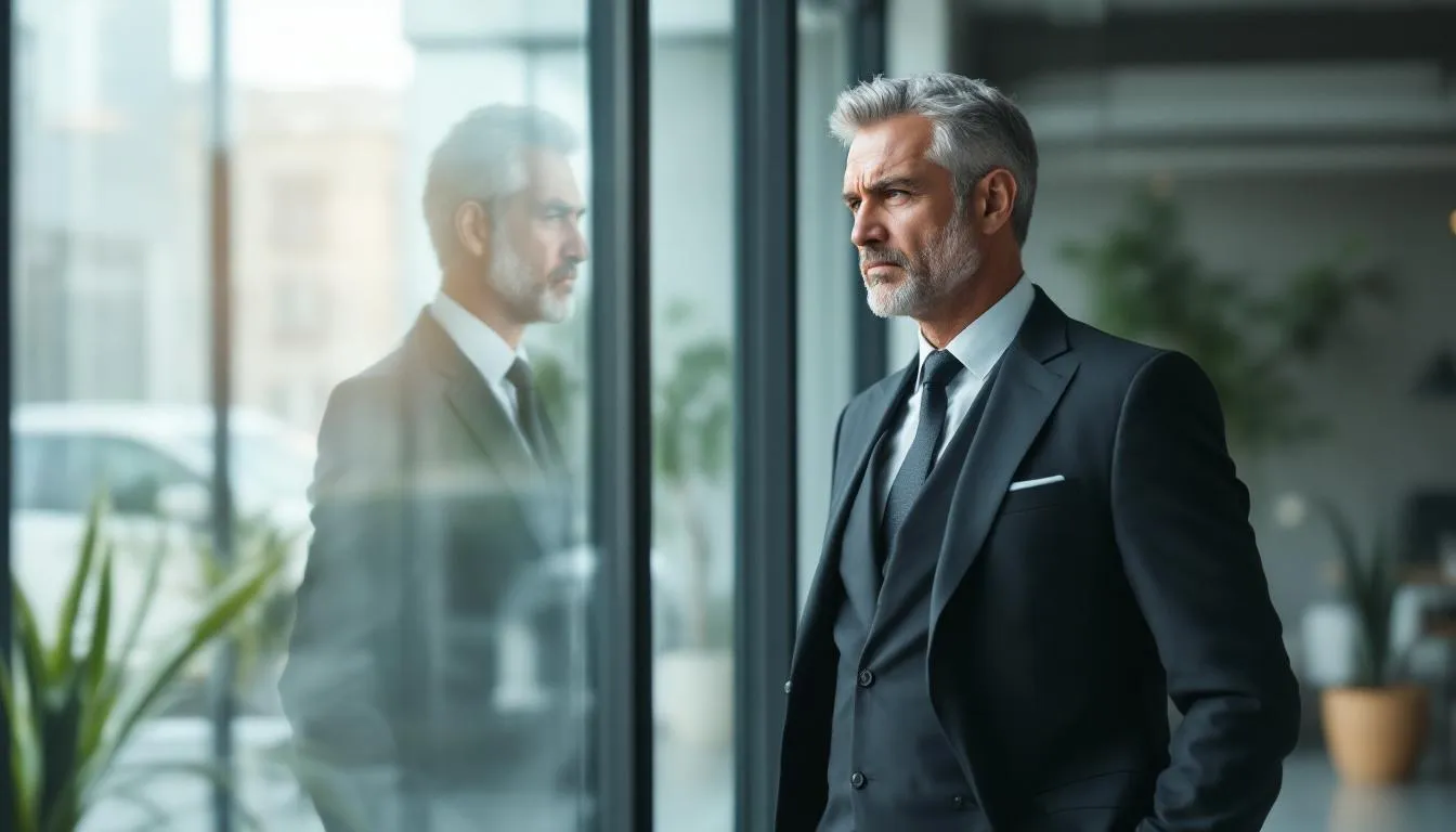 A successful man stands near a large office window, gazing out while displaying subtle signs of internal struggle, reflecting the complexities of men's mental health. His expression hints at the mental health challenges he faces, illustrating the importance of support and coping strategies in everyday life.