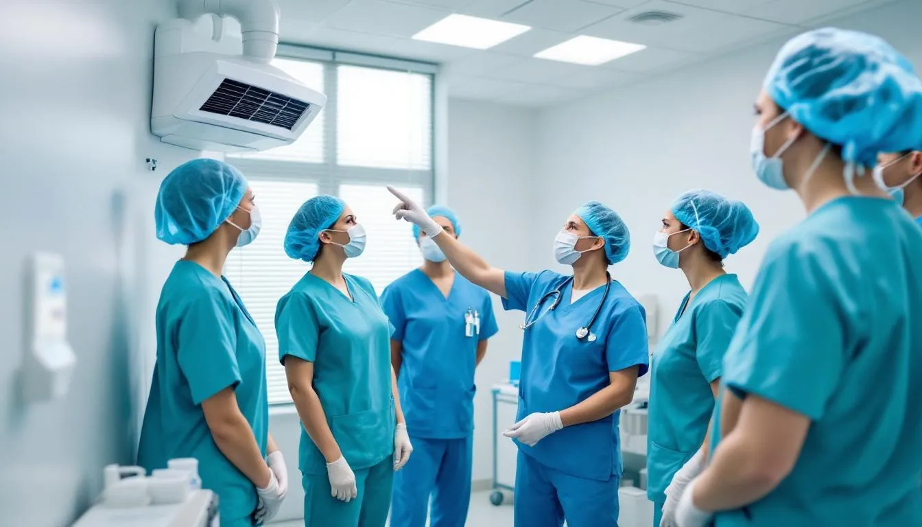 The image shows healthcare workers in a hospital room, actively demonstrating proper ventilation and air filtration systems to prevent the spread of infectious diseases. They are focused on ensuring that the environment is safe and minimizes the risk of infections spreading among patients, particularly those with weakened immune systems.