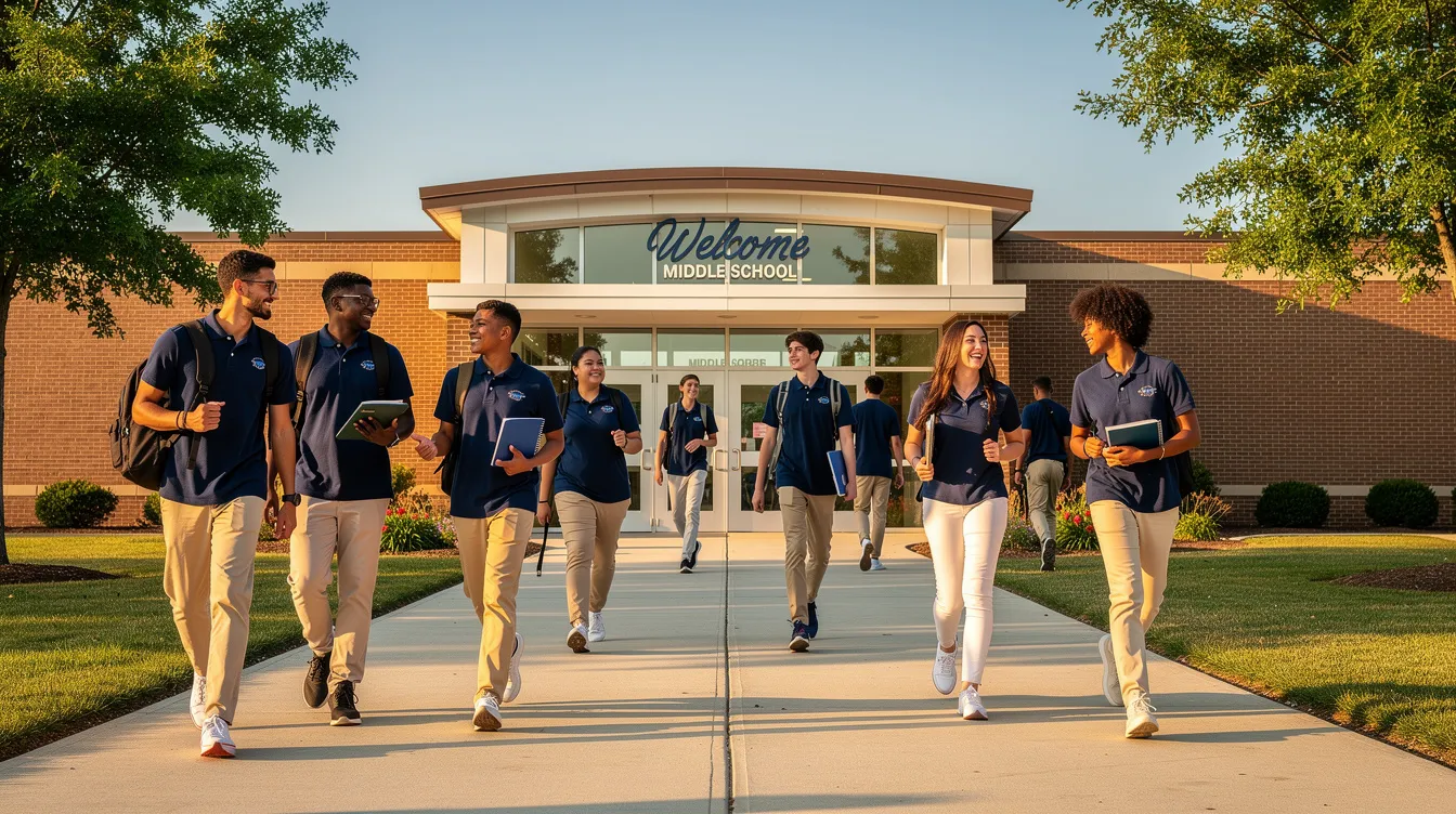 A group of students wearing matching navy polos and khaki pants walks together into a school building on a sunny morning, showcasing their polished school uniforms. The scene captures the camaraderie of kids ready for a day of learning, highlighting the trusted styles that parents select for their children.