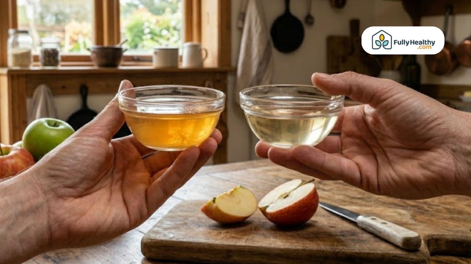 Two hands holding small bowls of cloudy and clear vinegar over a wooden table with sliced apples.