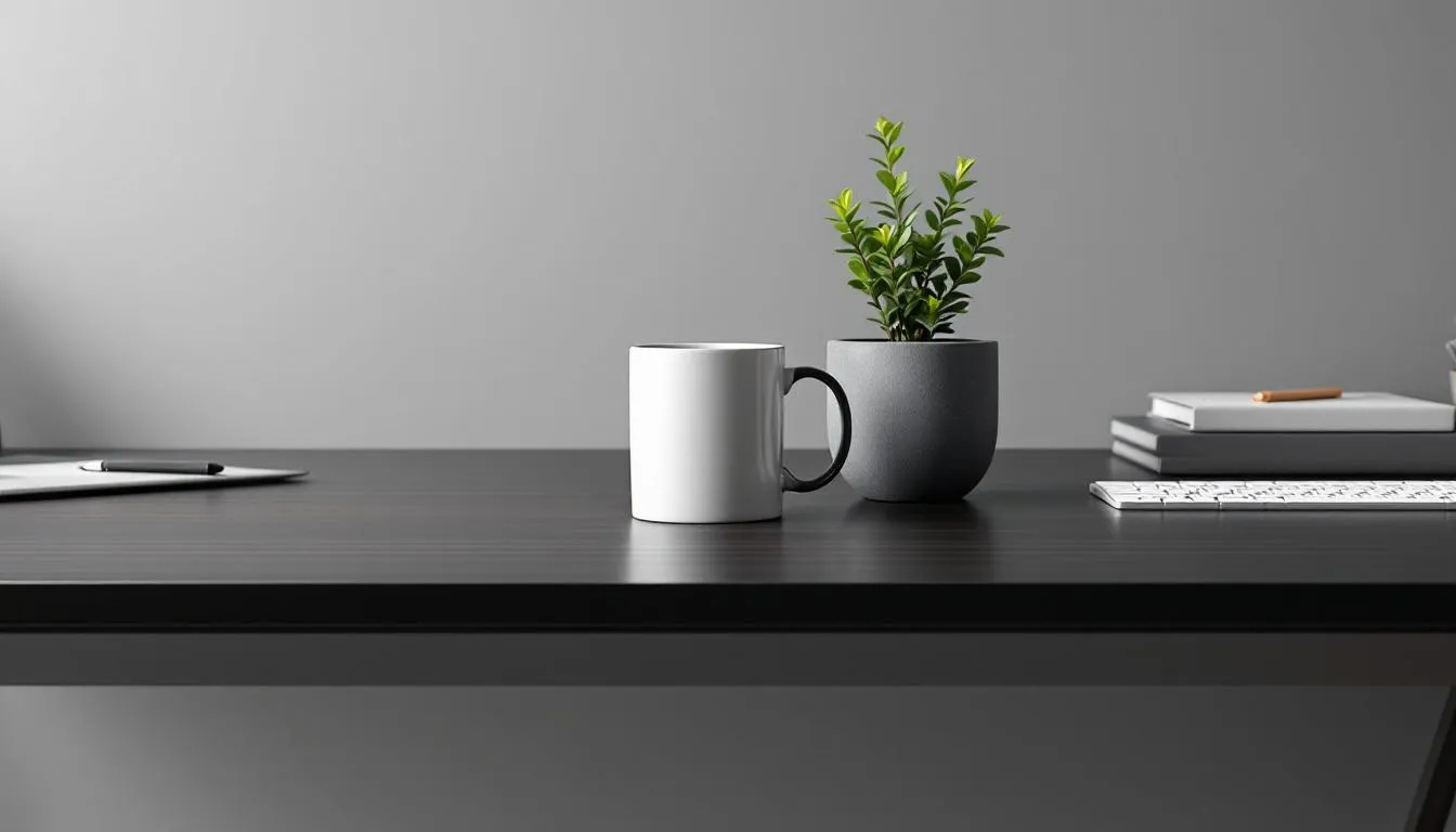 En modern kontorsdesk med en kaffekopp och en liten krukväxt som ger en fräsch känsla. Detta kan vara en perfekt julklapp till kollegan, som både visar uppskattning och passar in i arbetsmiljön.