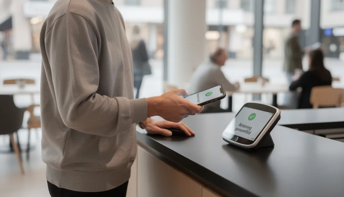 En person står i en modern miljö och använder sin smartphone för att göra en digital betalning, troligtvis via en e-plånbok som Skrill. Denna betalningsmetod är populär för insättningar och uttag på online casinon, vilket gör det enkelt att spela ansvarsfullt.