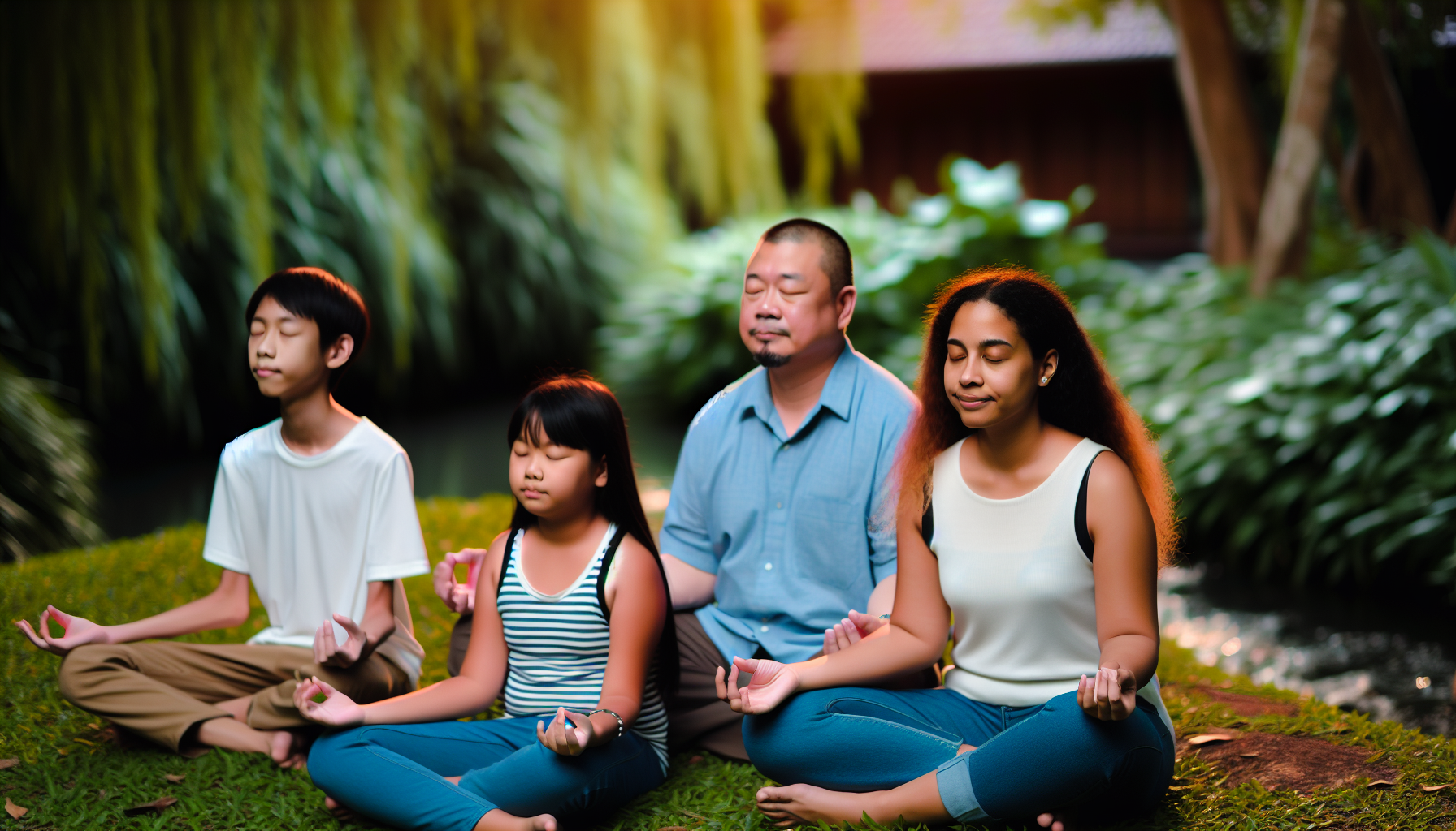 Family practicing mindfulness together in a peaceful setting