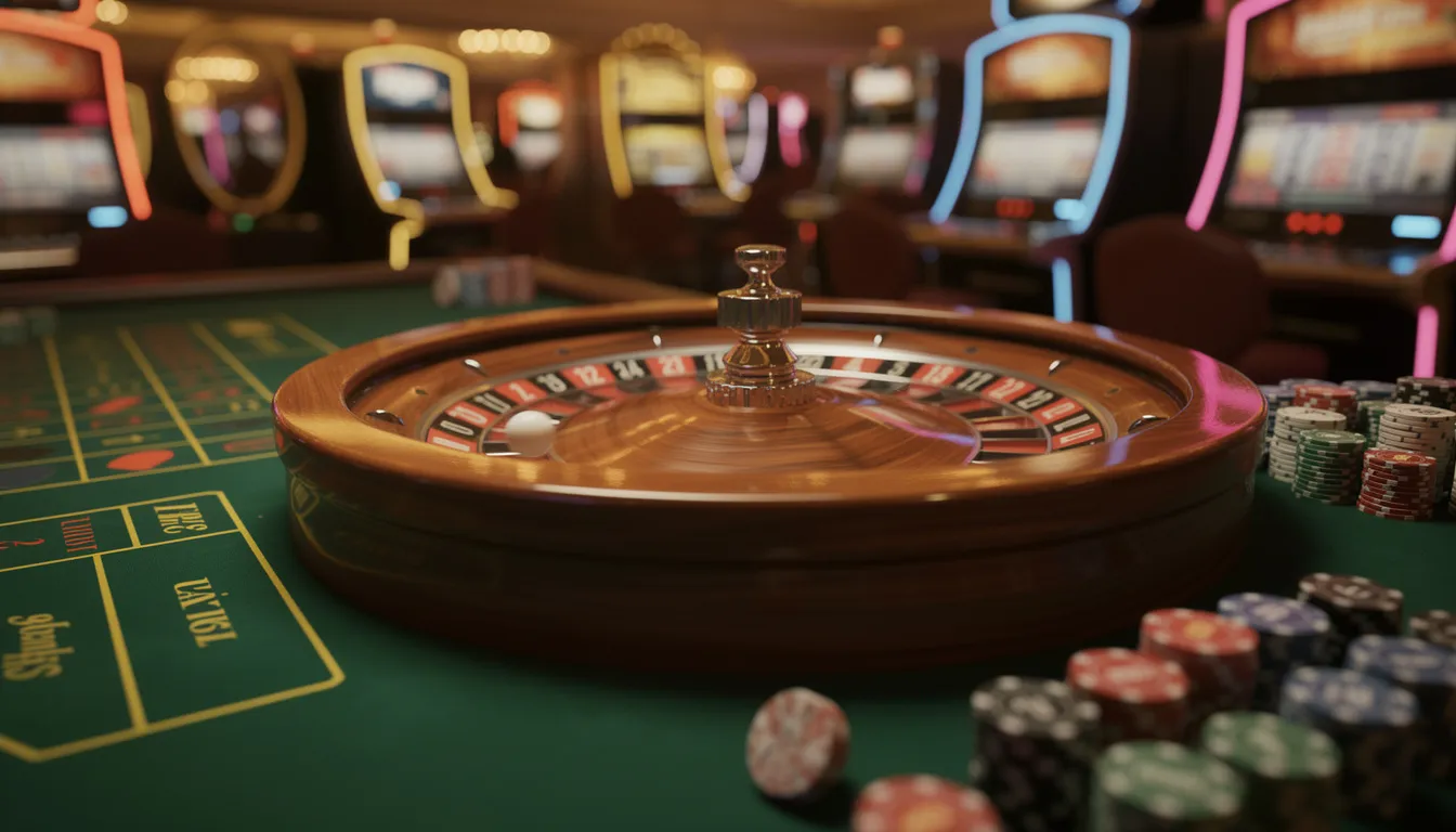 Ett roulettehjul snurrar på ett casinobord, med färgglada nummer och fack som tydligt syns. Atmosfären är spännande och livlig, vilket är typiskt för spelupplevelsen hos Betinia casino.