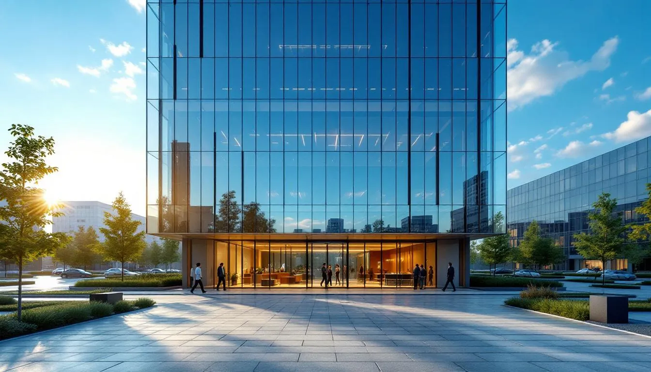 The image depicts a modern office building that serves as the headquarters for a Management Services Organization (MSO), which supports healthcare providers by handling administrative tasks and regulatory compliance. The sleek architecture reflects the organization's focus on improving patient care and operational efficiency in the healthcare industry.