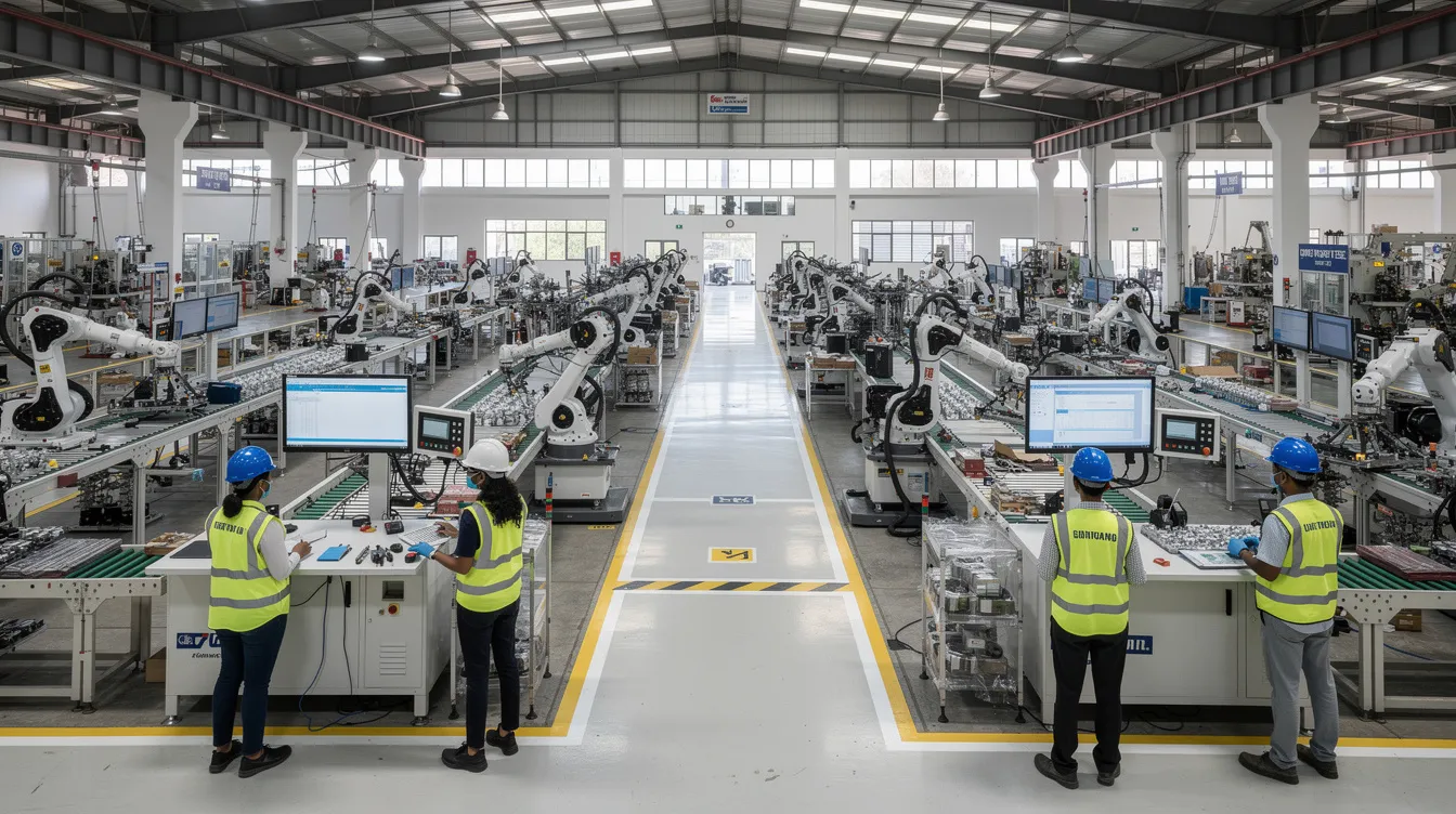041edf41 b30c 463f 84a6 7d58c35d7f9e The image depicts a modern large-scale manufacturing facility in India, featuring automated production lines bustling with activity, where workers in safety gear are engaged in the manufacturing process. This scene reflects current market trends in the manufacturing business, emphasizing the importance of operational efficiency and safety in a competitive market.