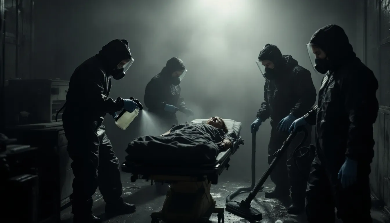A team of professional dead body cleaners at work in a crime scene cleanup.