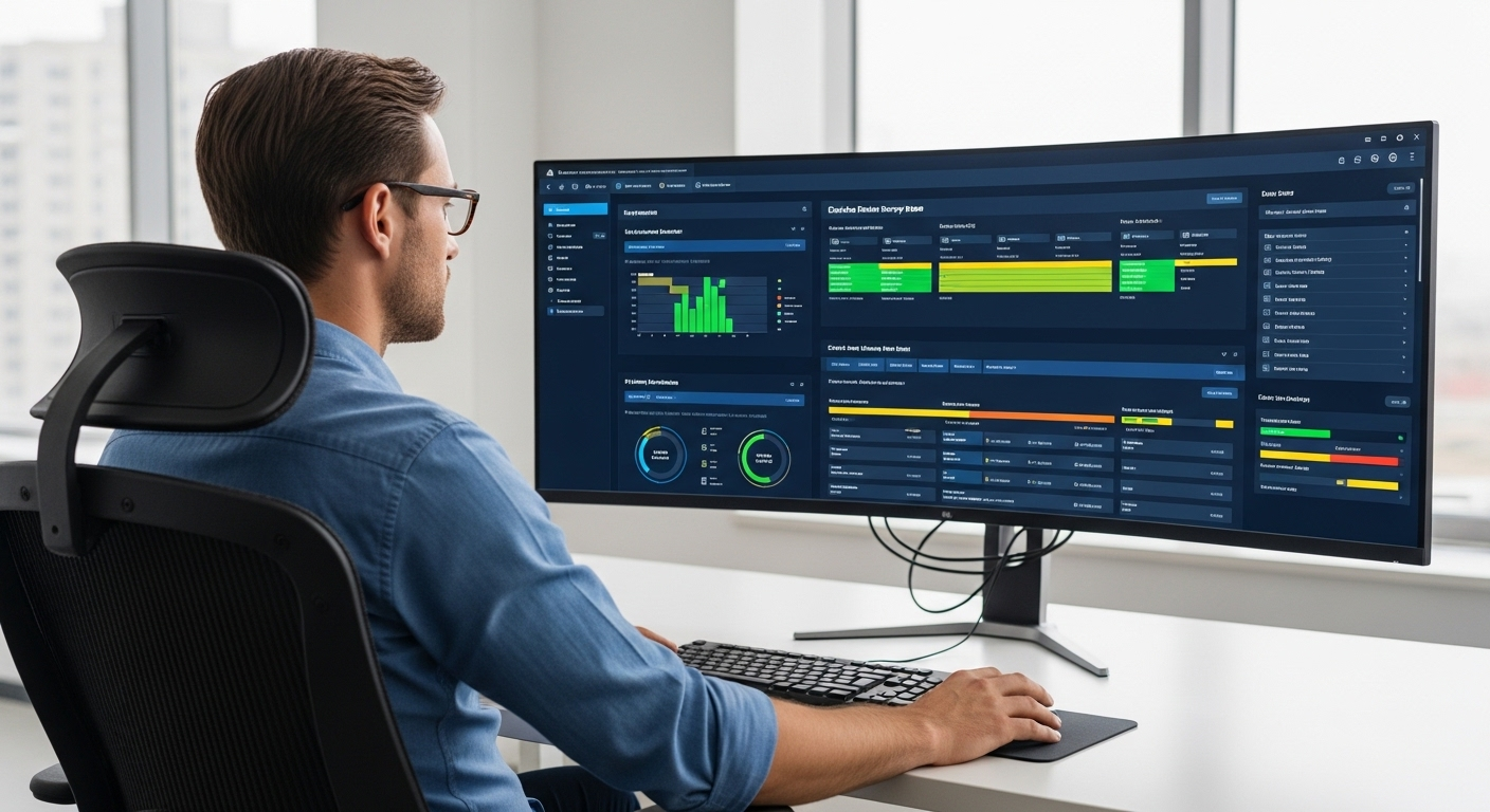IT administrator monitoring cloud-based disaster recovery dashboard with replication and failover status.