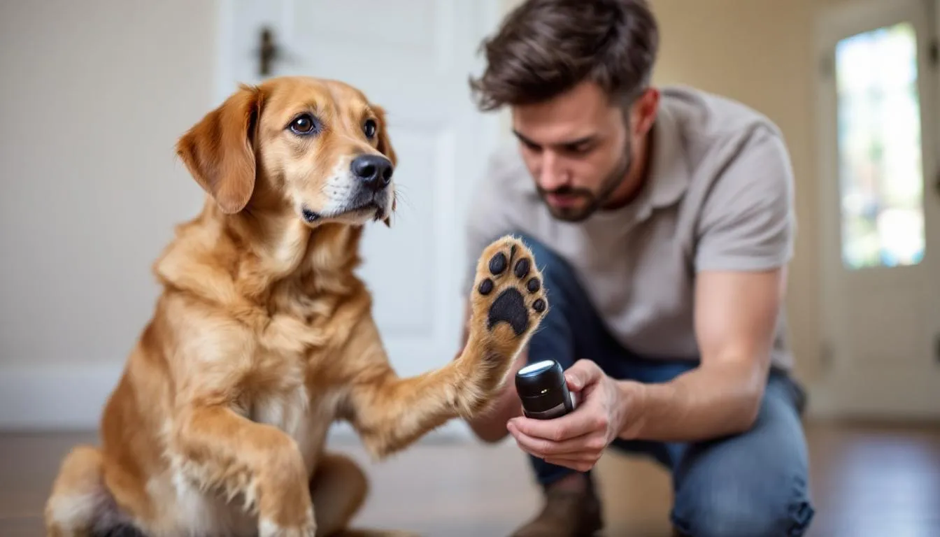 A dog owner is carefully inspecting their dog