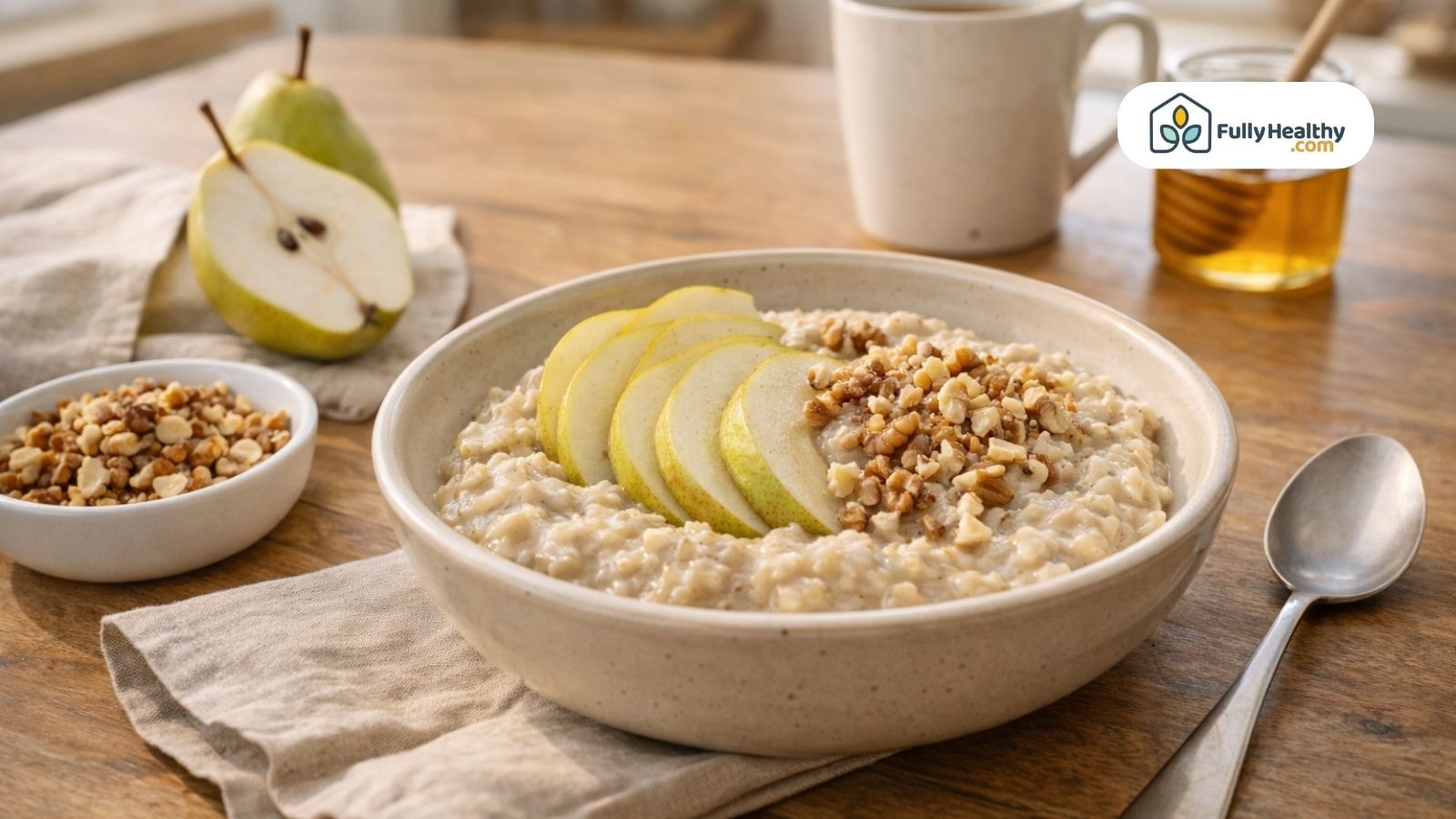 Pear slices on oatmeal with nuts in a diabetes friendly breakfast