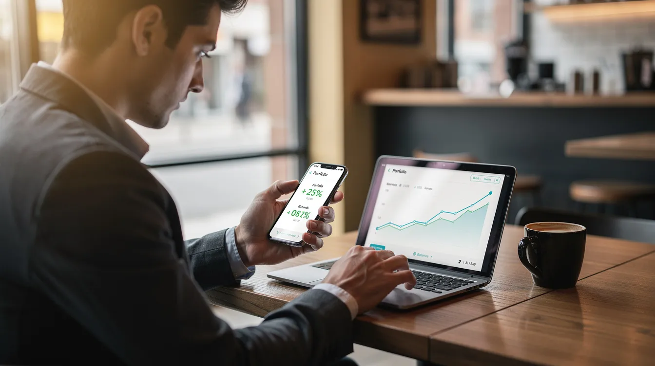 A young professional is seated in a cafe, intently using a smartphone app to check their investment portfolio, showcasing the integration of digital wealth management technology in everyday life. The scene highlights the growing trend of younger investors utilizing sophisticated wealth management tools to manage their financial assets efficiently.