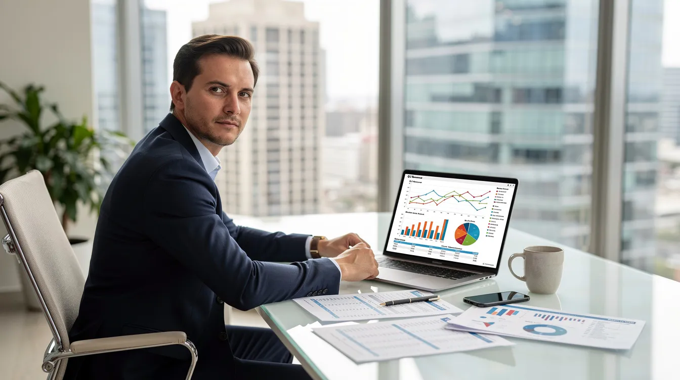 A business professional is seated at a modern office desk, intently reviewing financial projections on a laptop, surrounded by documents related to retirement plans and investment strategies. The environment reflects a focus on financial planning and achieving retirement goals, emphasizing the importance of informed decisions for future financial freedom.