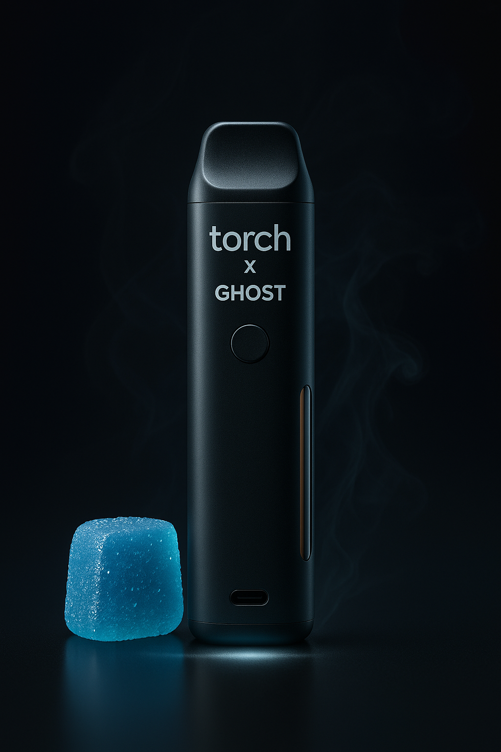 Torch x Ghost Disposable Vape pen displayed on a black surface with visible oil window, USB-C port, and sleek design, surrounded by soft vapor and ambient glow.