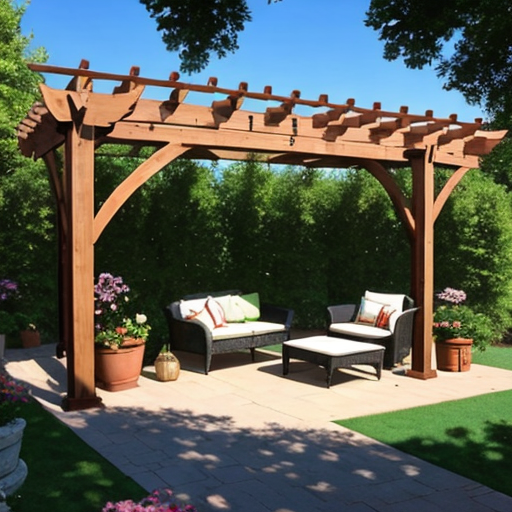 A wooden pergola covering an outdoor patio