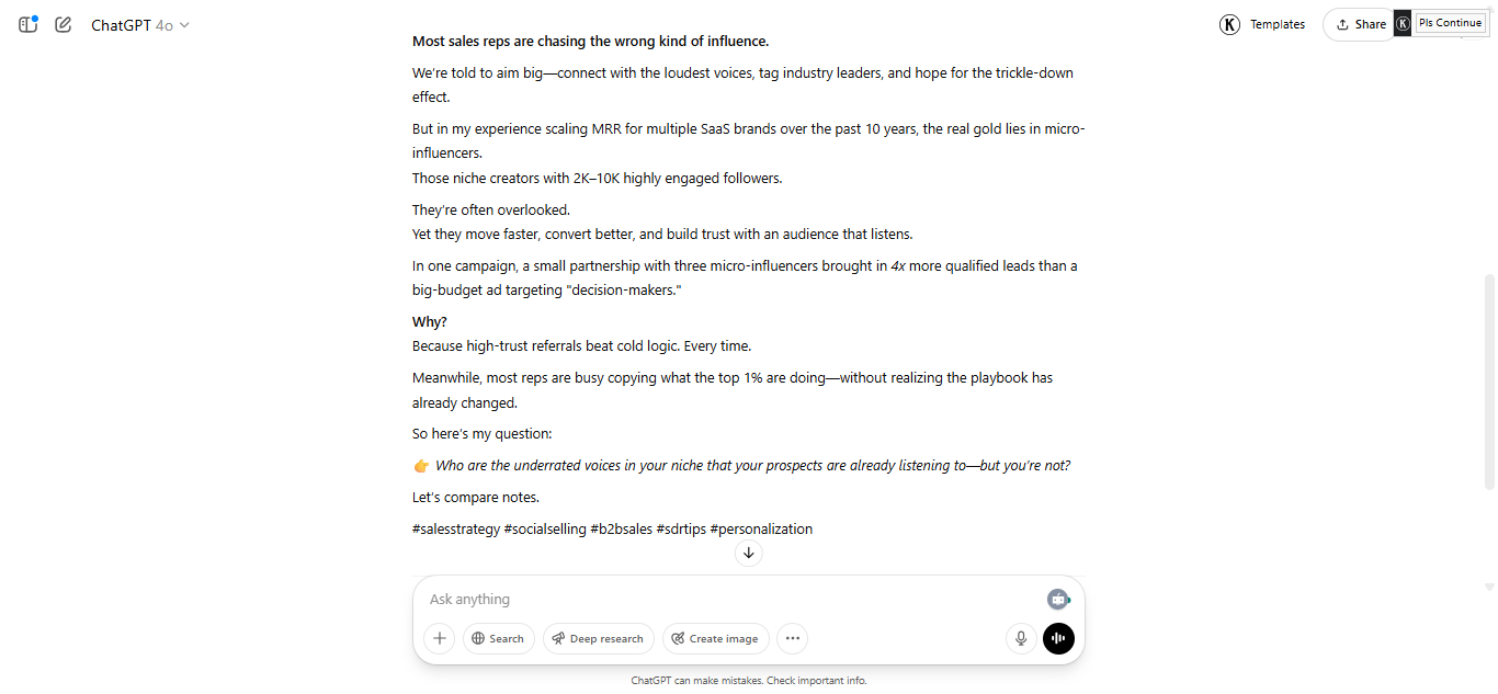 ChatGPT output showing a LinkedIn post created from podcast content with personal anecdote and discussion prompt
