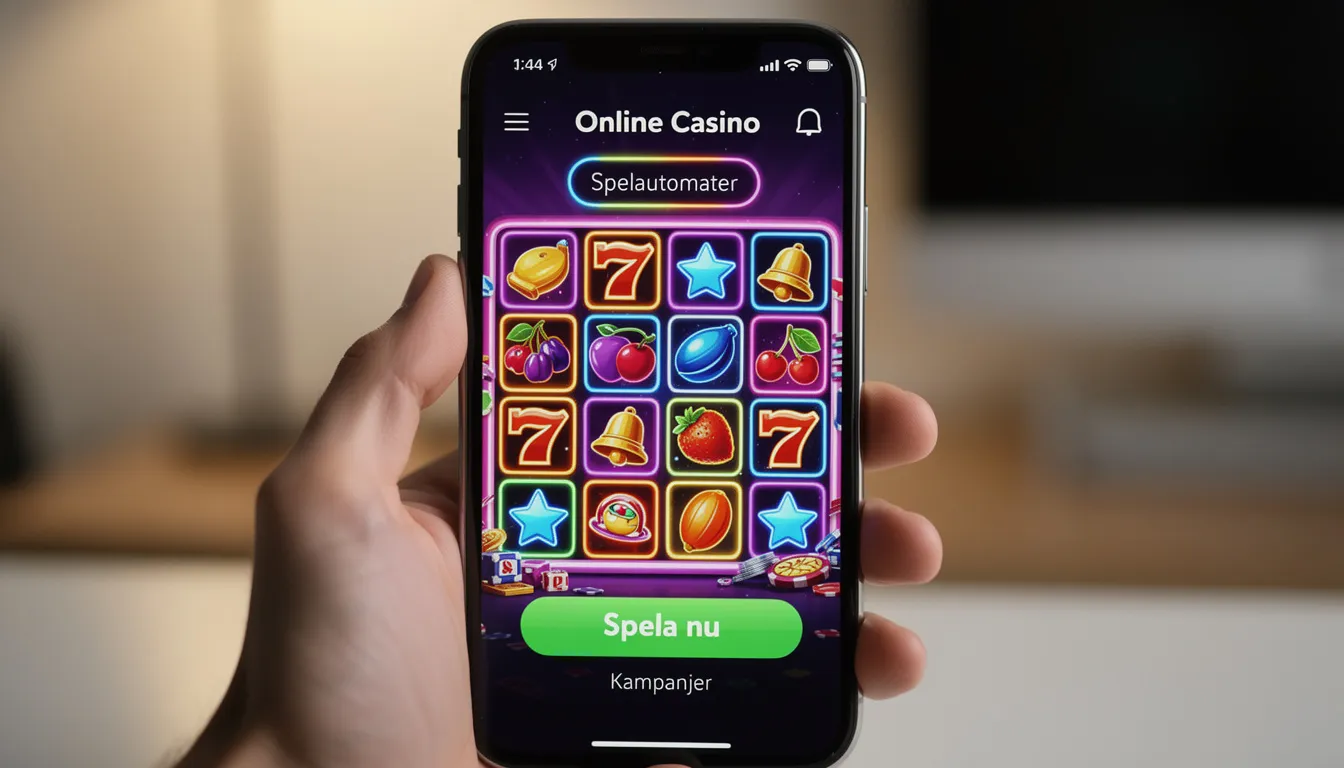 En smartphone visar ett färgglatt online casino-gränssnitt med olika spelautomater, inklusive populära titlar som "Book of Dead". Användare kan enkelt navigera för att spela hos x3000 och ta del av bonusar samt snabba insättningar och uttag via Swish eller Trustly.