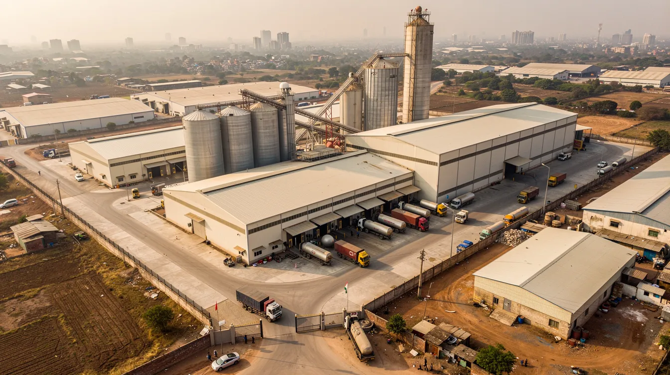 042a5c0c 9368 4266 a9eb dfeead75092f An aerial view of an industrial flour milling facility in India shows multiple buildings, including storage silos and truck loading bays, designed for processing wheat grains into various products like maida and suji. The facility features advanced machinery and equipment for efficient flour processing and packaging, highlighting its production capacity within the local industrial landscape.