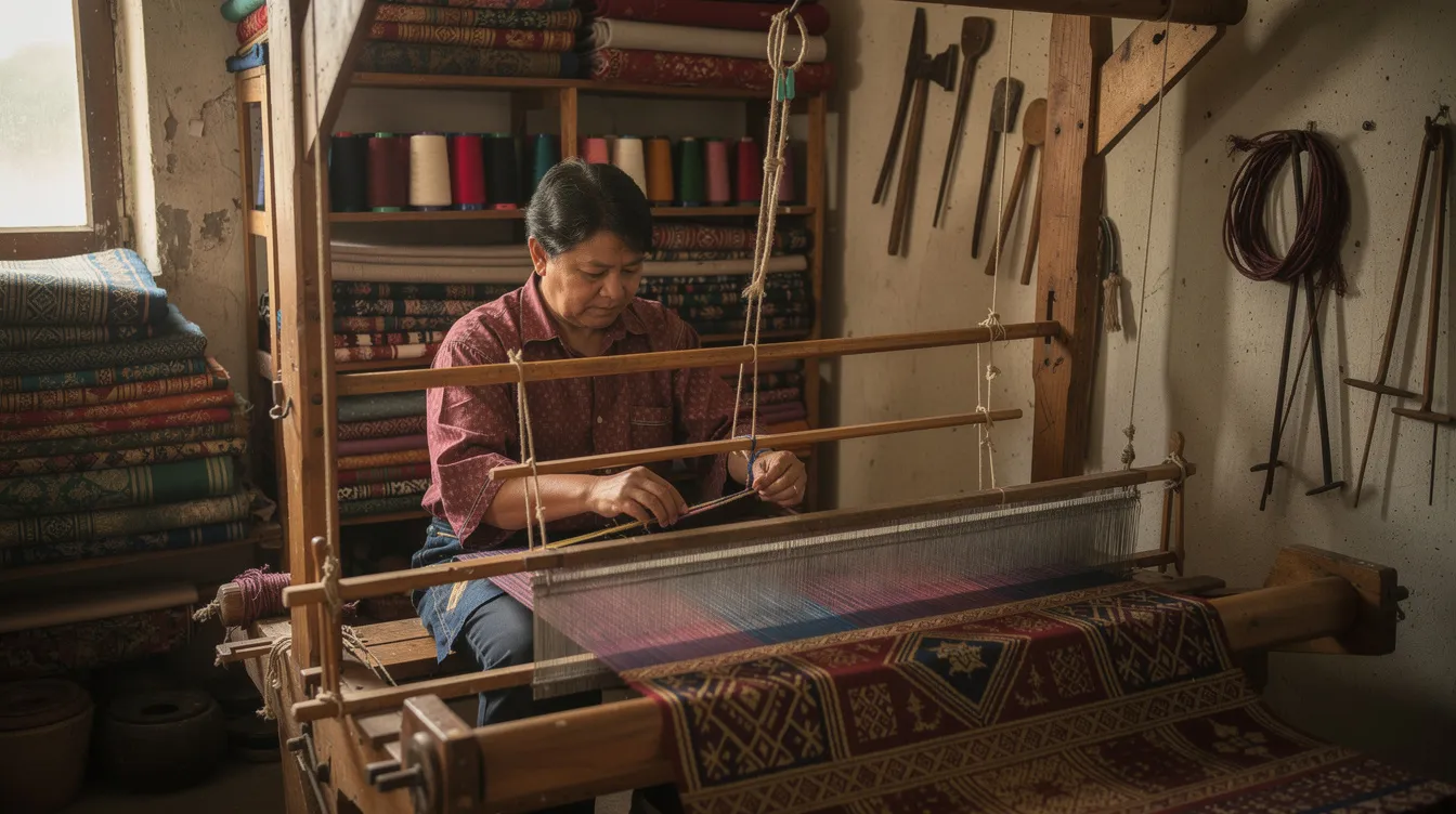 042d22ef f50f 46ed a648 c2776e570208 A skilled craftsperson is seen weaving vibrant traditional textiles on a handloom in a small workshop, showcasing the intricate artistry of local craftsmanship. This scene highlights the rich tribal culture and the potential for business opportunities in textile production within Tripura, where natural resources and raw materials are abundant.