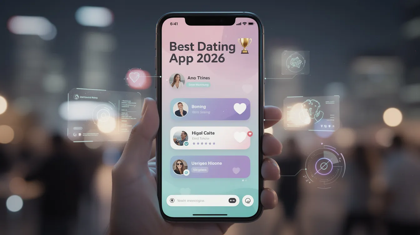 The image showcases a sleek layout of a popular dating app for 2026, featuring a user-friendly interface that highlights detailed profiles and curated matches for online daters. It emphasizes safety features and premium options, appealing to a younger crowd seeking meaningful connections and long-term relationships.