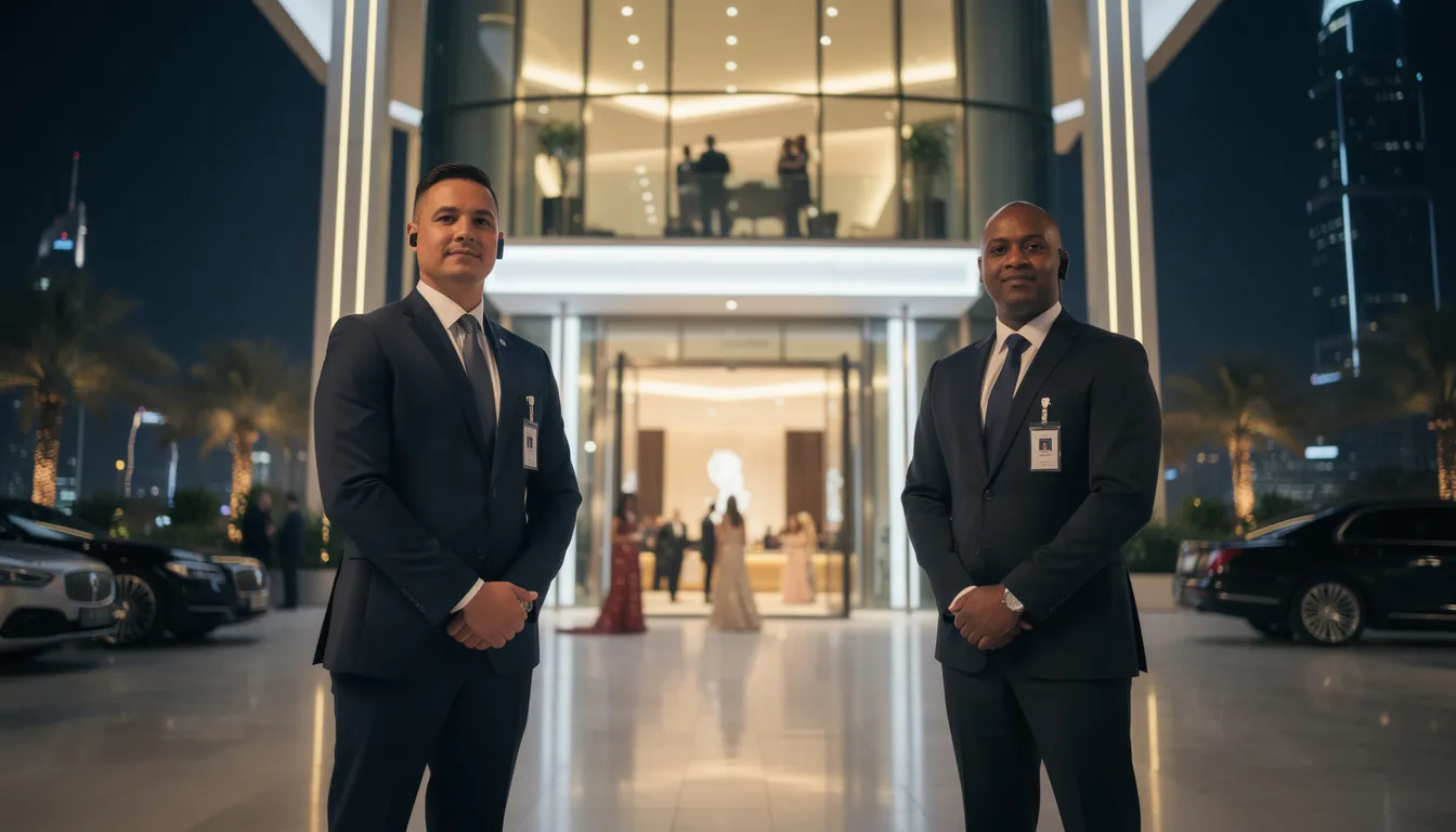 A team of professional security personnel stands vigilant at the entrance of a modern event venue in Dubai at night, promoting safety and ensuring a secure environment for guests. Their presence reflects the commitment of dedicated event security services to protect assets and maintain a successful event.