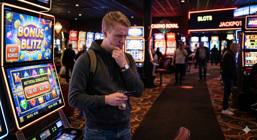 Spelare på casino funderar på bonus buy slot – köp bonus funktion på spelautomat