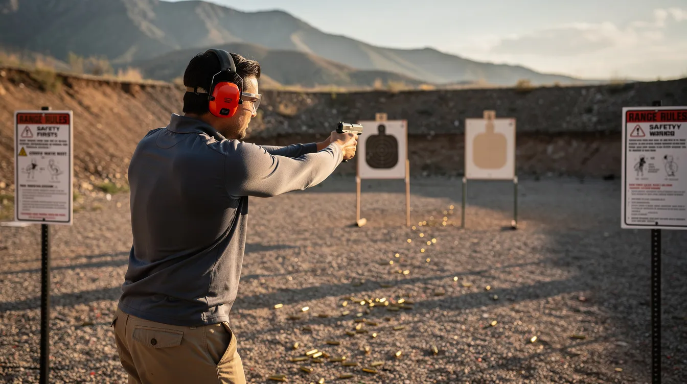 The image shows a person practicing at an outdoor shooting range, wearing ear protection for safety. This scene highlights the importance of proper training and adherence to gun laws, such as those related to handgun carry permits in Tennessee.