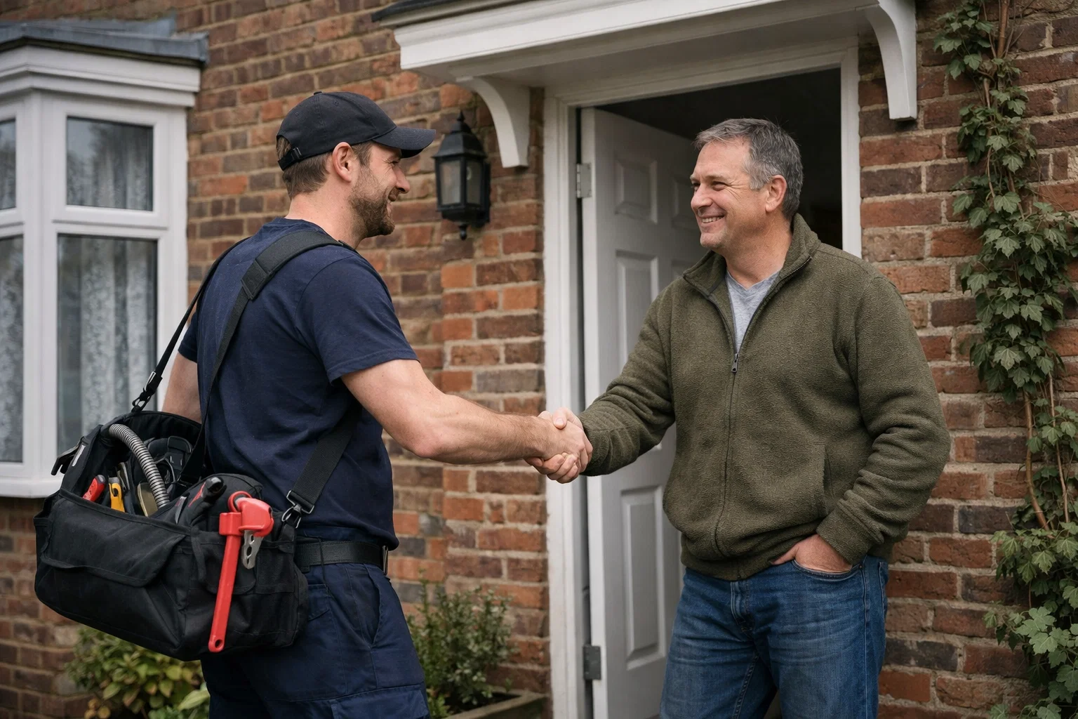 Plumber speaking with homeowner outside UK property after service visit