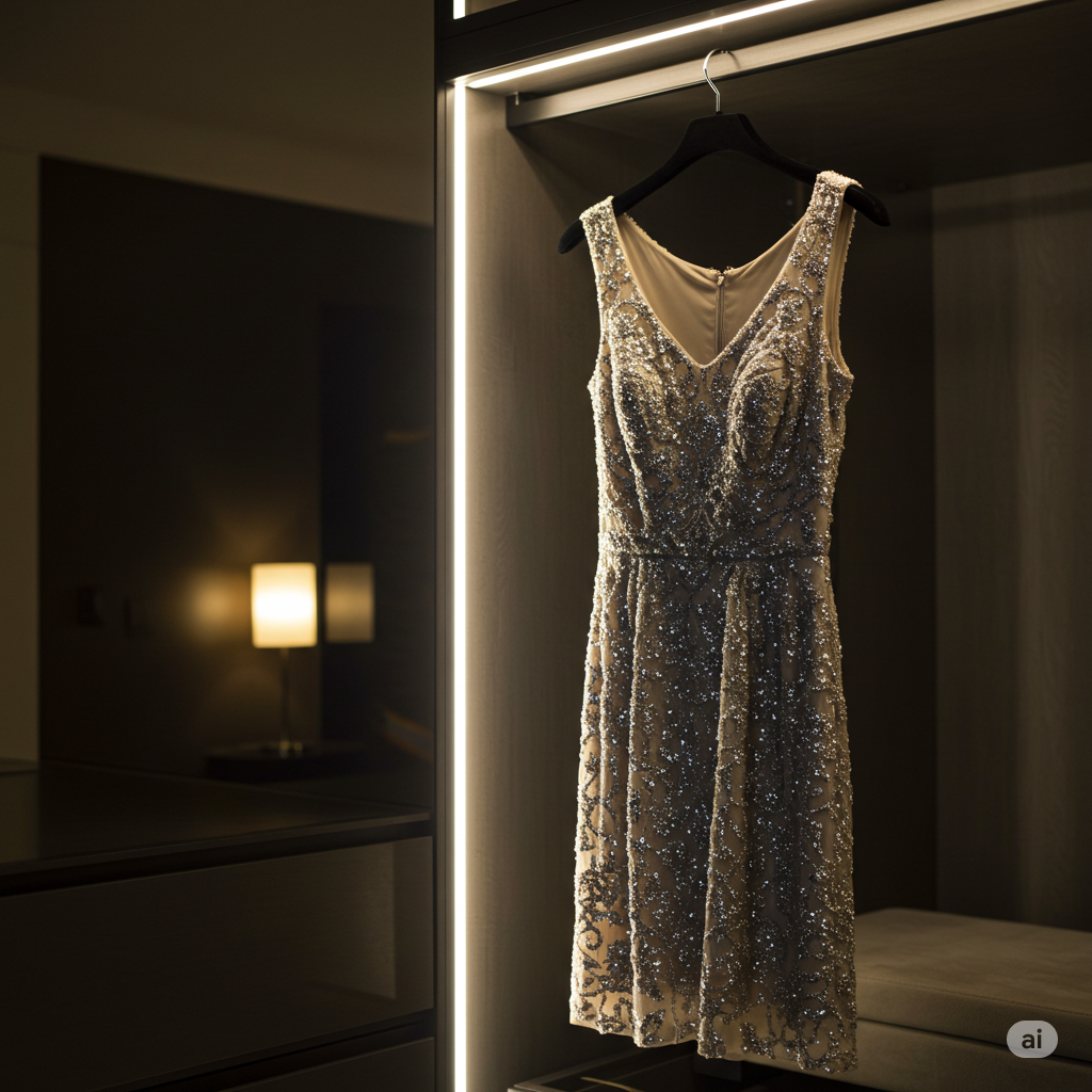Sparkly dress hanging in room, comments on how gorgeous it is