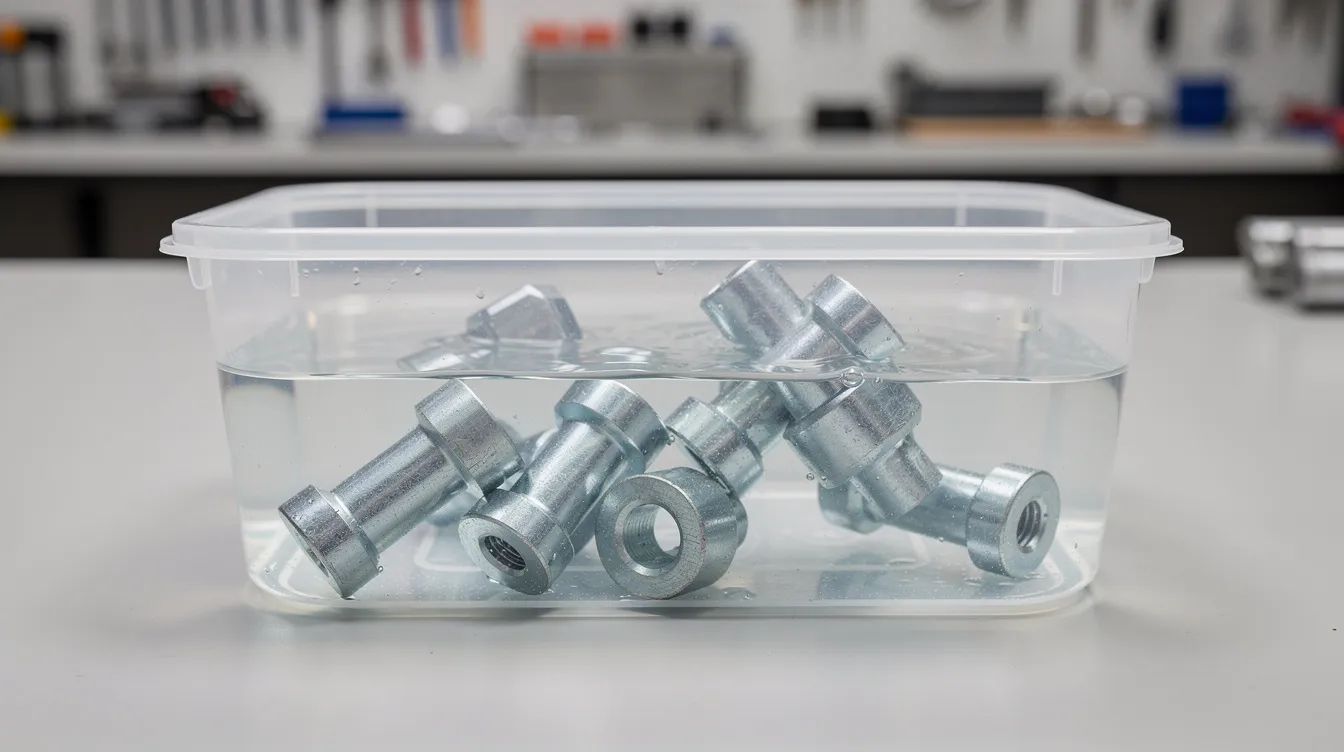 The image shows small galvanized steel parts immersed in a clear liquid bath within a plastic container, set in a clean workshop environment. This setup is likely used for a process to remove the galvanized coating, potentially involving chemicals like hydrochloric acid or citric acid to strip the zinc layer safely.