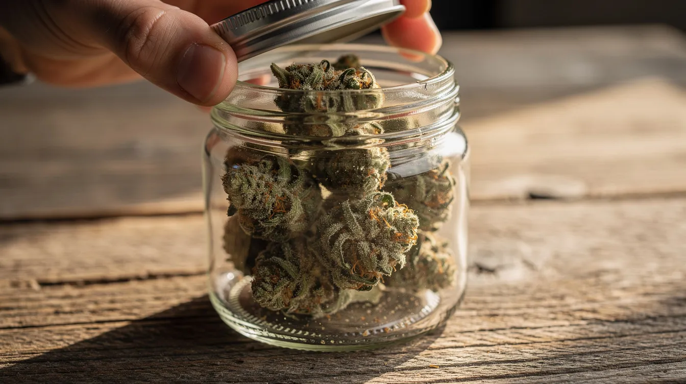 A glass jar filled with frosty hemp flower buds is being opened on a wooden table, revealing dense, aromatic buds with purple hues. The complex aroma suggests a blend of sweet and floral notes, characteristic of the pink panther strain, known for its uplifting effects and potential therapeutic benefits.