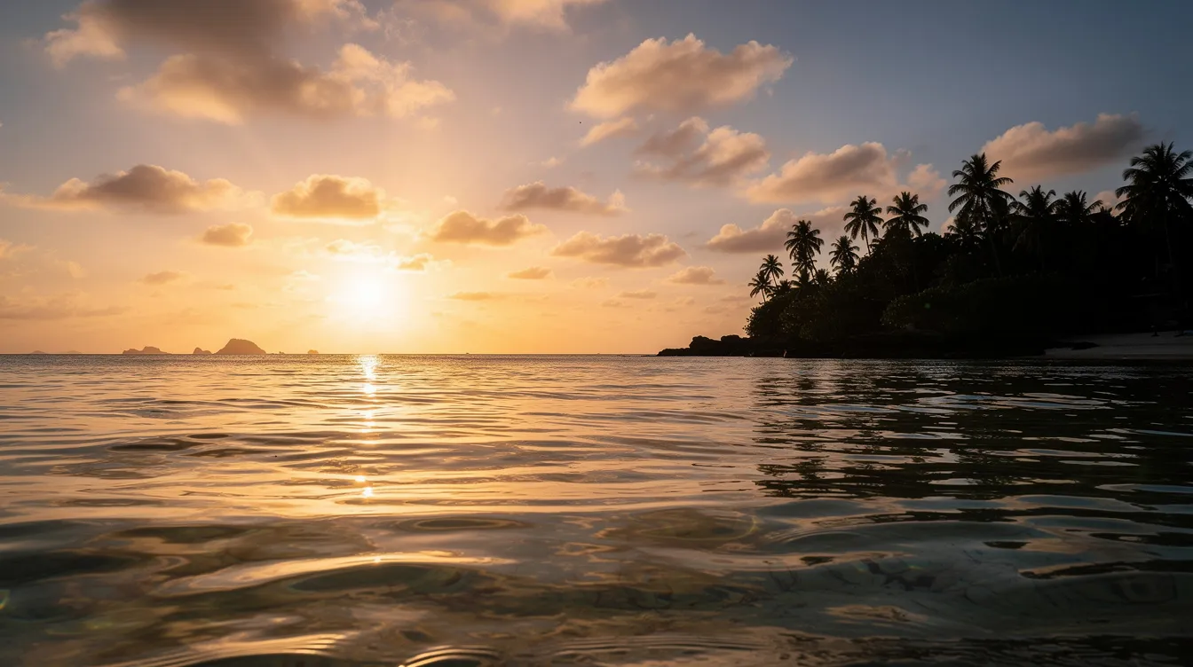 Um pôr do sol dourado ilumina as águas calmas do mar caribenho, refletindo tons de azul turquesa, enquanto a silhueta de uma costa tropical se destaca ao fundo. Essa cena idílica evoca a beleza das praias paradisíacas de Curaçao, um destino encantador nas ilhas ABC.