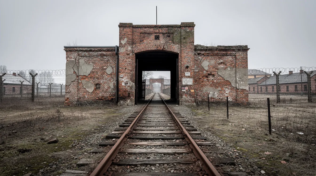 A imagem mostra trilhos de trem atravessando um portão de tijolos, simbolizando a entrada de um campo de concentração histórico, como Auschwitz II Birkenau, onde milhares de prisioneiros foram submetidos a condições desumanas durante o período do nazismo. O cenário é um campo vazio, evocando a memória das atrocidades cometidas e servindo como um memorial para as vítimas.