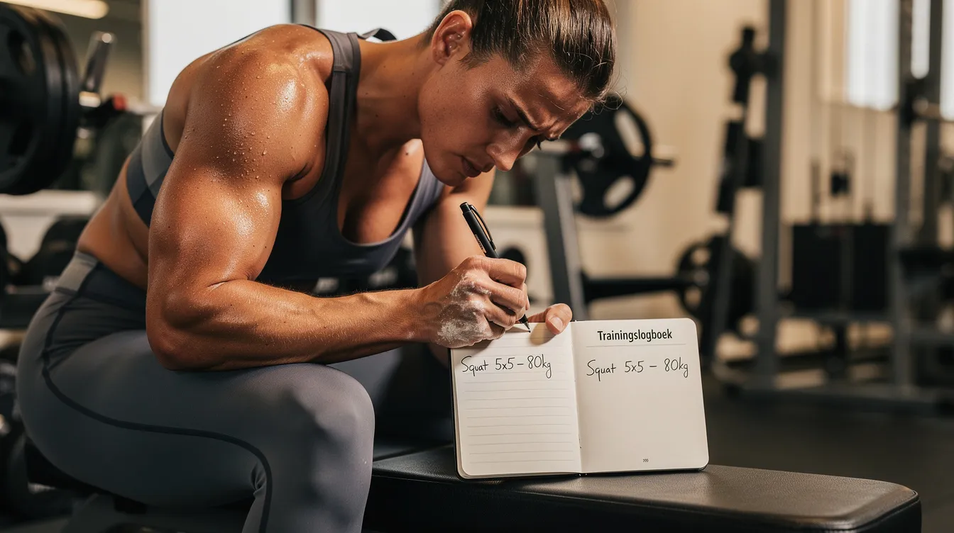 Een sporter zit op een bankje in de sportschool en schrijft in zijn trainingslogboek na een set krachttraining. Hij noteert zijn prestaties en de herhalingen om zijn vooruitgang bij te houden en zich voor te bereiden op de volgende trainingsprikkel, zodat hij zijn lichaam sterker kan maken.