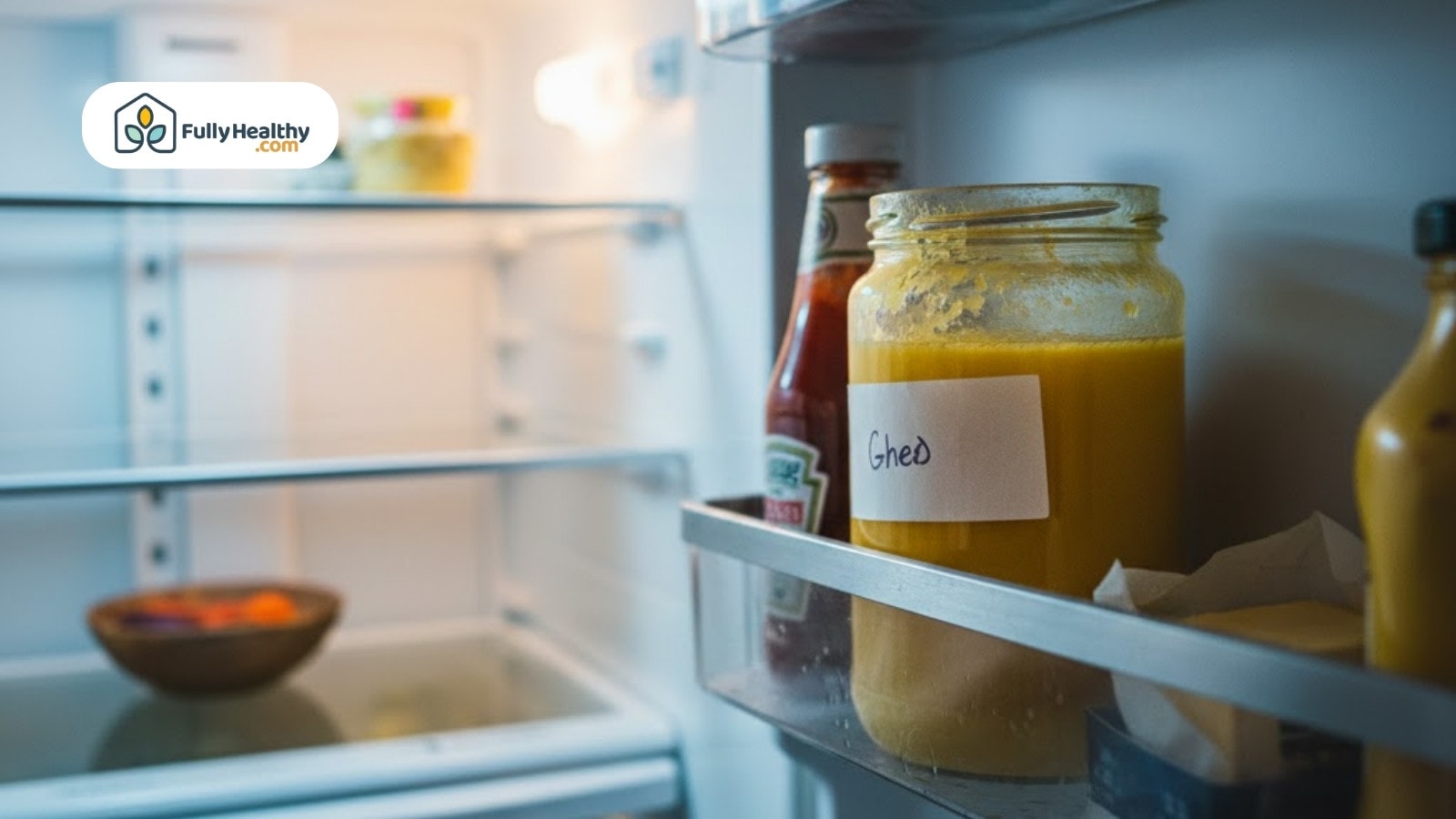 Jar of ghee stored on refrigerator door shelf