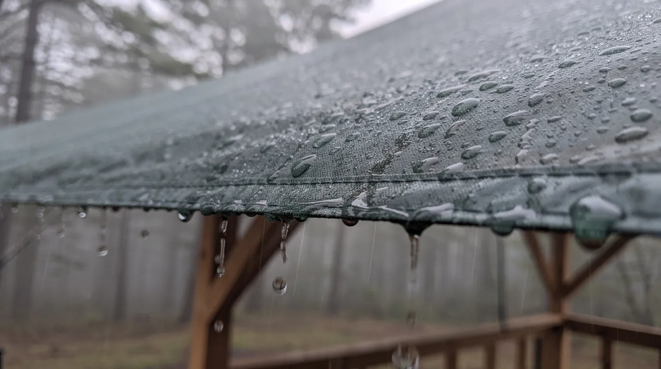 The image shows a close-up view of raindrops forming beads on a rainfly, which is stretched over a raised camping shelter, often used with a camping cot tent setup. This scene highlights the durability of camping gear designed to withstand wet weather while providing a comfortable outdoor experience.
